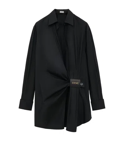 Loewe Wrap-effect Leather-trimmed Draped Cotton-poplin Mini Shirt Dress In Black