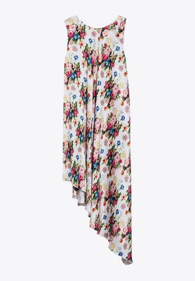 LOEWE ASYMMETRICAL FLORAL SILK  MIDI DRESS
