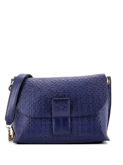 Pre-owned Loewe Avenue Crossbody Anagram Embossed Leather Shoulder Bag In Blue