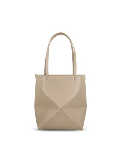 Loewe Puzzle Fold Convertible Medium Leather Tote In Beige