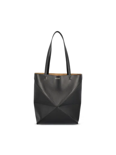 Loewe Medium Puzzle Fold Tote In Shiny Calfskin Bags In Black