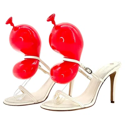 Pre-owned Loewe Balloon Lambskin 100mm Red White Slip On Heeled Mules Sandals 38
