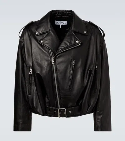 Loewe Balloon Leather Biker Jacket In Black