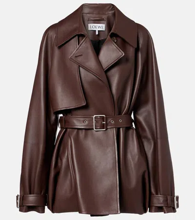 Loewe Leather Belted Short Trench Coat In Brown