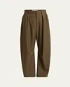 Loewe Barrel Leg Pleated Wool Trousers In Khaki Green