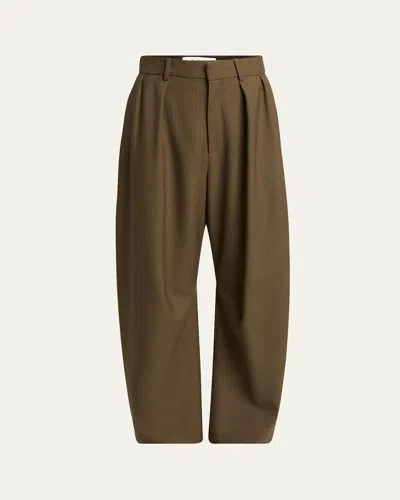 Loewe Barrel Leg Pleated Wool Trousers In Khaki Green