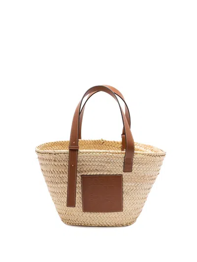 Loewe Basket Bag In Palm Leaf And Calfskin In Sand