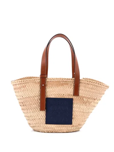 Pre-owned Loewe Basket Raffia Medium Tote Bag In Blue