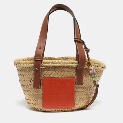 Pre-owned Loewe Basket Small Cream/brown Woven Raffia And Leather Tote In White