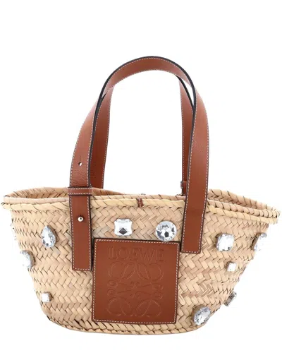 Loewe Basket Tote Crystal Embellished Raffia Small (authentic Pre-loved) In Brown