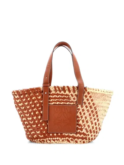 Pre-owned Loewe Basket Woven Raffia With Leather Tote Bag In Brown
