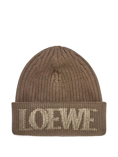 Loewe Logo Embroidered Ribbed-knit Beanie In Brown