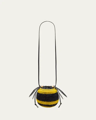 Loewe Bee Basket Bucket Bag In Raffia And Leather In Yellow Black