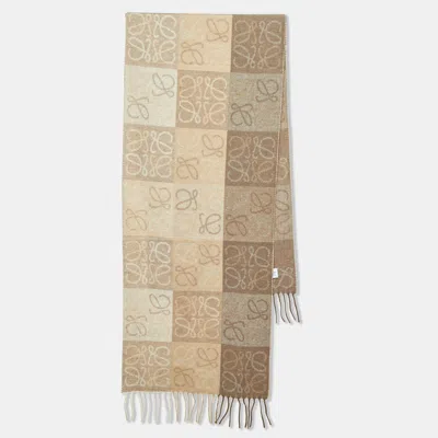 Pre-owned Loewe Beige Anagram Cashmere And Wool Fringe Scarf In Sand