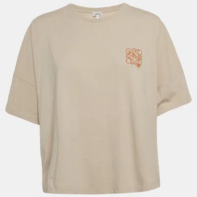 Pre-owned Loewe Beige Anagram Embroidered Cotton Jersey Oversized T-shirt S