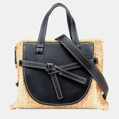 Pre-owned Loewe Beige Black Small Raffia And Leather Gate Top Handle Bag In Sand