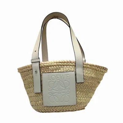 Pre-owned Loewe Beige Brown White Raffia Leather Basket Tote Bag ()