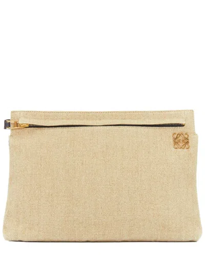 Pre-owned Loewe Beige Linen Canvas T Pouch Anagram Slot Clutch (authentic Pre-loved)