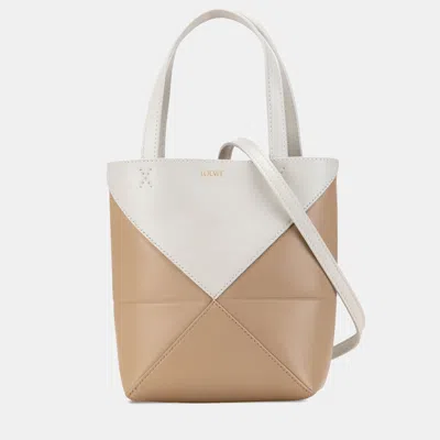 Pre-owned Loewe Beige Mini Bicolor Calfskin Puzzle Fold Tote In Sand