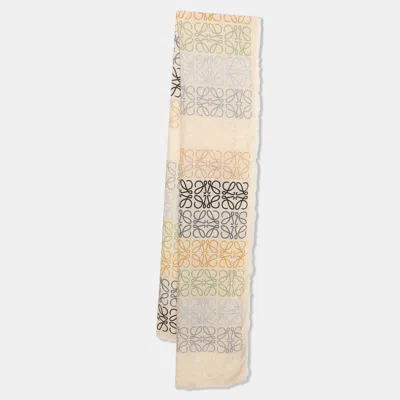 Pre-owned Loewe Beige Multicolor Anagram Print Wool Blend Scarf In Sand