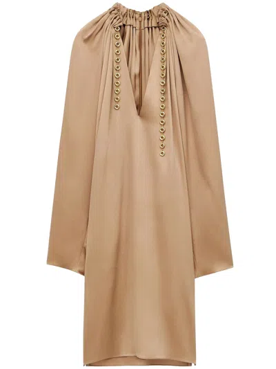 Loewe Beige Silk Satin Dress With Donut Chain And V-neckline In Brown