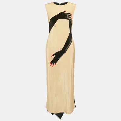 Pre-owned Loewe Beige/black Gloves Print Velvet Asymmetric Midi Dress S In Sand