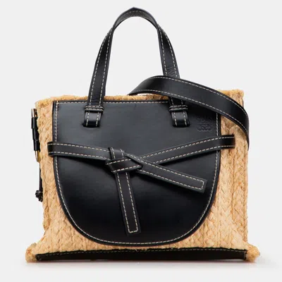 Pre-owned Loewe Beige/black Small Raffia And Leather Gate Top Handle Bag In Sand