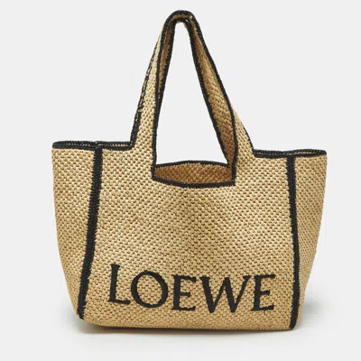 Pre-owned Loewe Beige/black Woven Raffia Large Font Tote In Sand