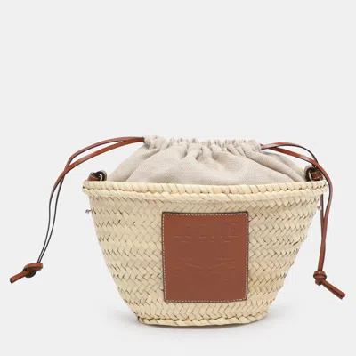 Pre-owned Loewe Beige/brown Raffia And Canvas Drawstring Bucket Bag In Sand