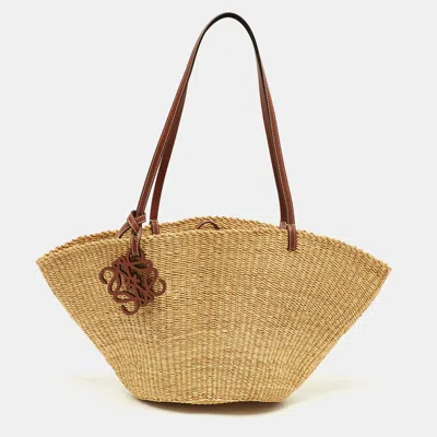 Pre-owned Loewe Beige/brown Woven Raffia And Leather Shell Basket Tote In Sand