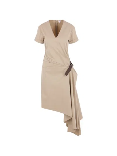 Loewe Belted Dress In Cotton And Silk Dresses Beige In Neutral