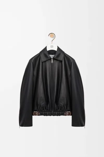 Loewe Black Ruched Leather Jacket With Belt In Burgundy