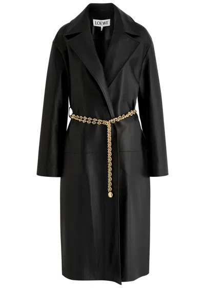 Loewe Belted Leather Coat In Black