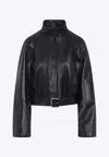 Loewe Belted Leather Cropped Jacket In Black