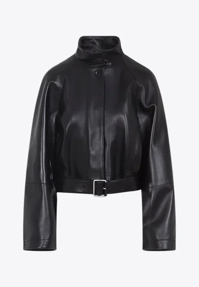 Loewe Belted Leather Cropped Jacket In Black