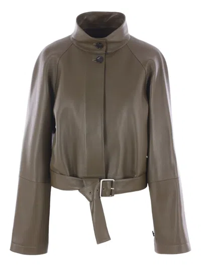 Loewe Belted Leather Jacket In Brown