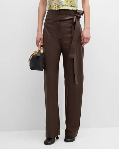 Loewe Belted Leather Straight-leg Trousers In Dark Choco