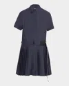 Loewe Structured Cotton-blend Gabardine Button-front Short Dress With Pleated Skirt And D-ring Belt In Blue