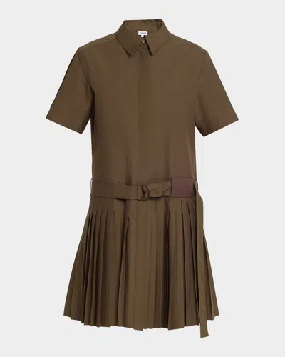 Loewe Womens Khaki Green Pleated Short-sleeve Cotton Blend Mini Dress
