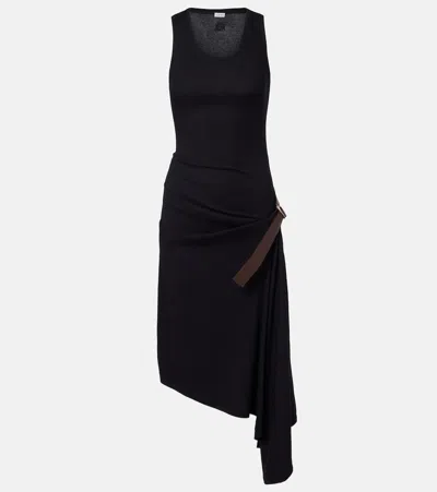 Loewe Belted Ribbed-knit Draped Cotton-blend Midi Dress In Black