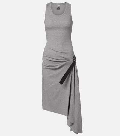 Loewe Belted Ribbed-knit Draped Cotton-blend Midi Dress In Gray