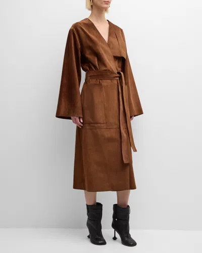 Loewe Belted Suede Leather Long Wrap Coat In Stone