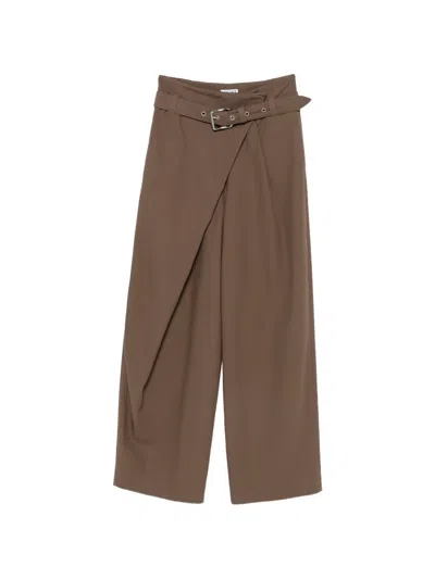 Loewe Belted Draped Cotton Wide-leg Pants In Brown
