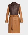 Loewe Bi-color Leather Belted Long Trench Coat In Brown