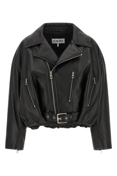 Loewe Cropped Buckled Leather Biker Jacket In Black