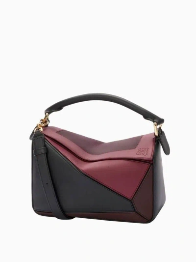Loewe Black And Burgundy Puzzle S Square Calfskin Shoulder Bag