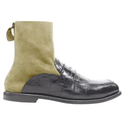 Pre-owned Loewe Black Black Scaled Leather Embossed Brown Suede Sock Loafer Boot Eu36