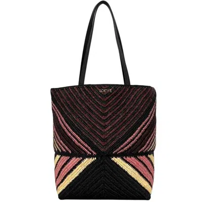 Pre-owned Loewe Black Bordeaux Pink Beige Raffia Leather Tote Bag ()