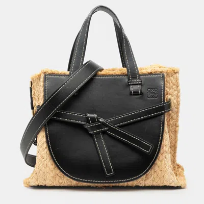 Pre-owned Loewe Black Brown Small Raffia And Leather Gate Top Handle Bag