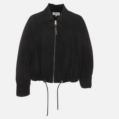 Pre-owned Loewe Black Herringbone Wool Zip Up Drawstring Jacket Xs